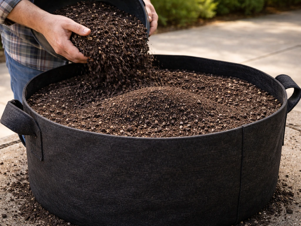 Close-up of a grow bag being filled with potting mix, with space left near the rim for a tomato planting.