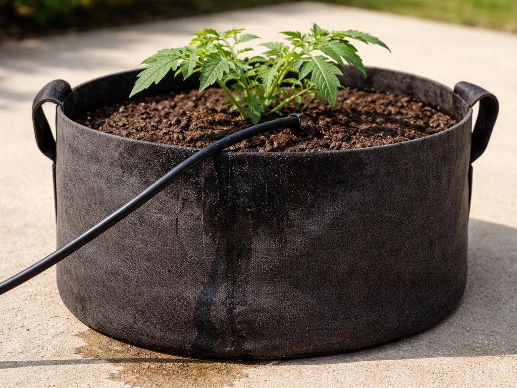 Drip irrigation watering a tomato fabric grow bag on a sunny patio, showing moist soil and faster evaporation.