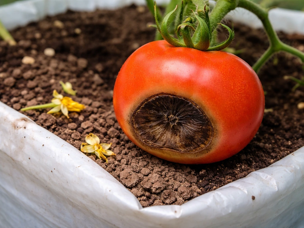 Close-up tomato in a grow bag showing a black leathery blossom-end rot patch and uneven damp soil.