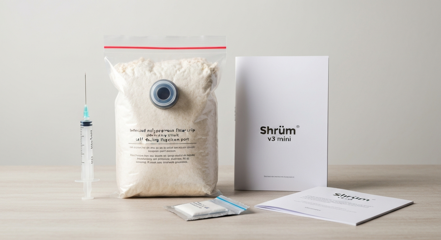 Photorealistic product shot of a Shrüm v3 mini mushroom grow kit on a tabletop: sealed polypropylene substrate bag with visible filter strip and injection port, syringe, alcohol wipe, mylar bag with desiccant, and instruction booklet.