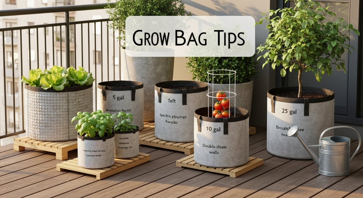 Urban balcony with multiple fabric grow bags (5, 10, 25 gal) in different materials and plants, showing breathable fabric texture, handles, and raised drainage surfaces.