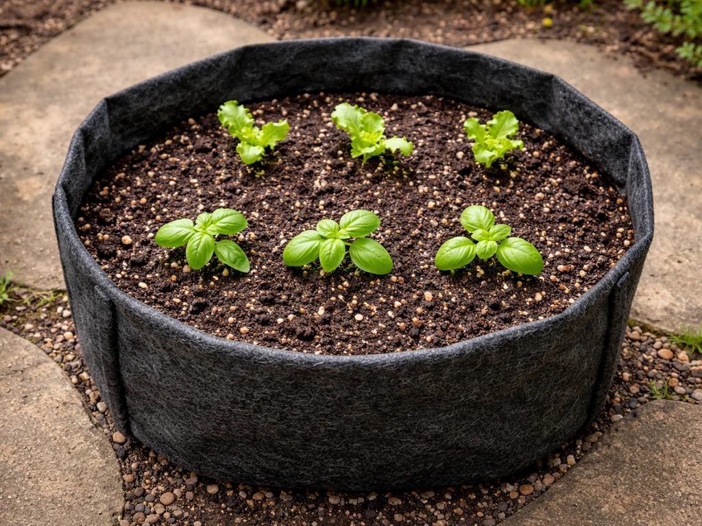 Overhead view of a fabric grow bag with moist potting mix and thriving seedlings on a patio garden bed.