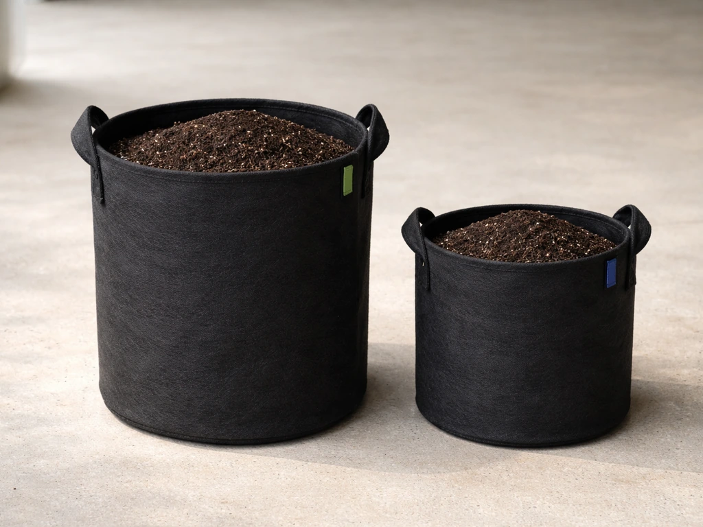 Two fabric grow bags, different sizes, filled with soil side-by-side to show choosing the right volume.