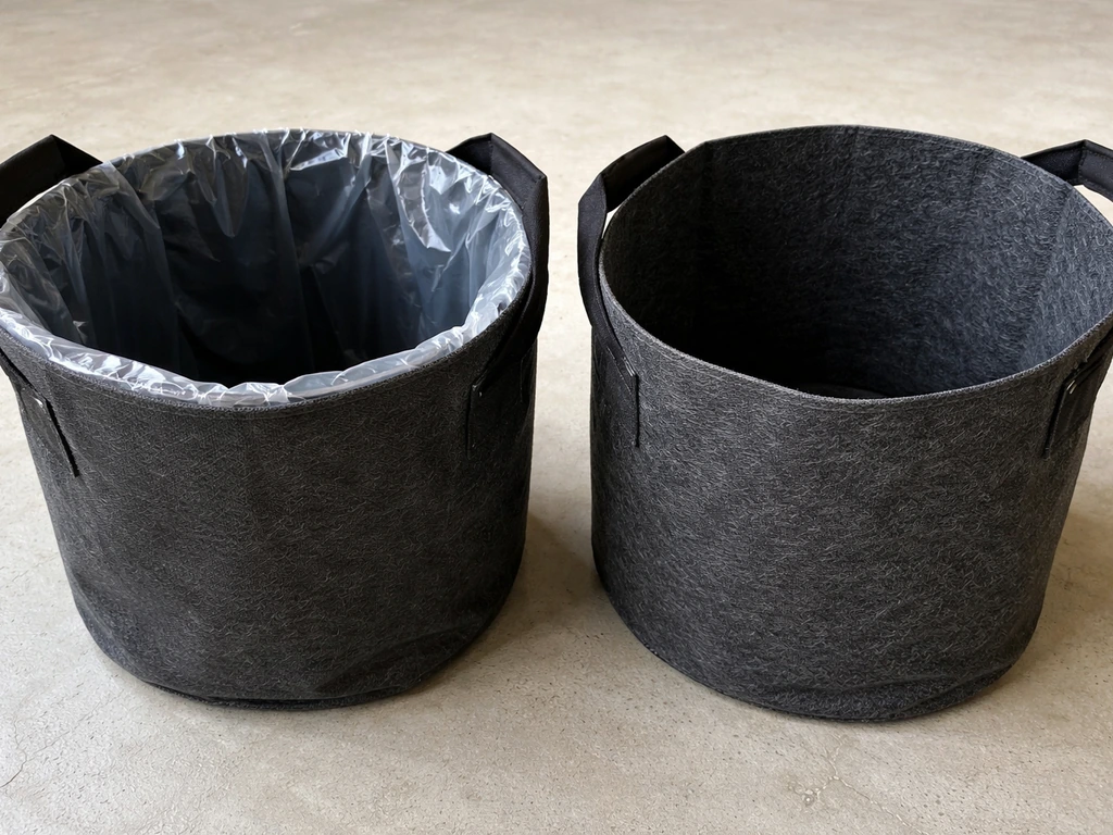 Side-by-side close-up of a lined fabric grow bag with an inner plastic liner and an unlined grow bag.