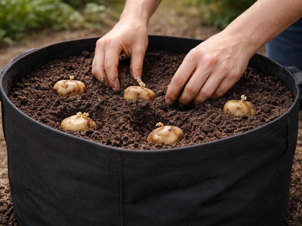 Hands inserting potato seed chunks into filled fabric grow bag, showing soil level after planting