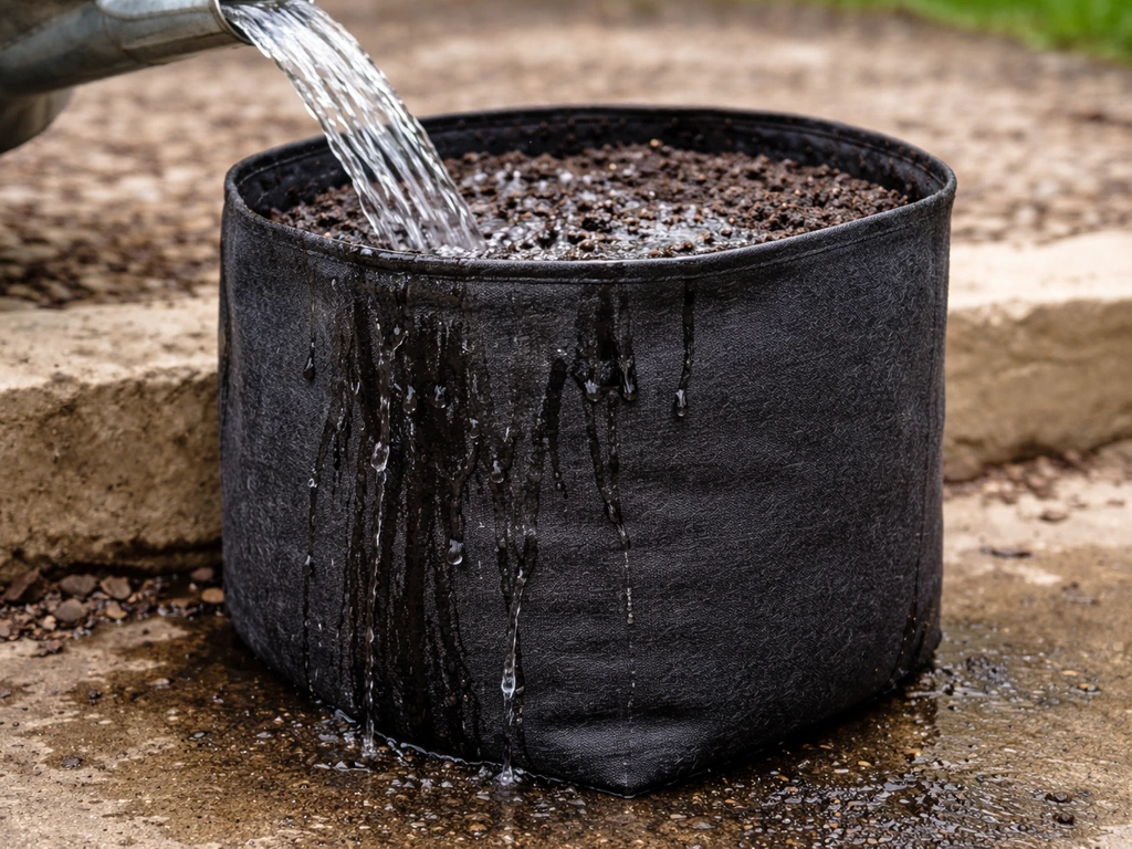Water stream soaks a fabric grow bag, with runoff seeping from the sides and base.