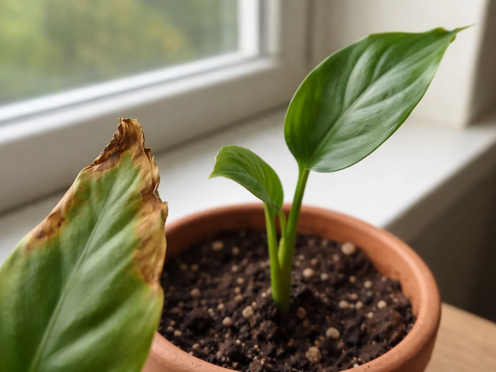 Close-up of plant leaf tips with brown crispy edges beside healthy green leaves in soft daylight.