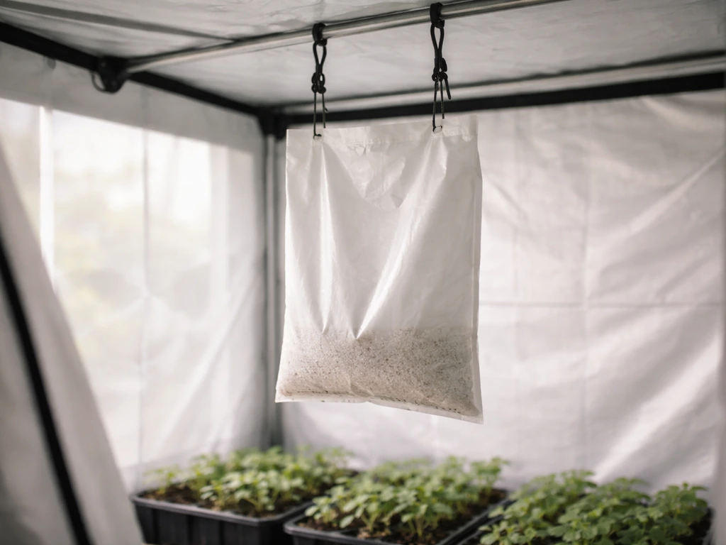 4x4 grow tent with a passive hanging CO2 grow bag as the focal point and seedlings in soft focus.