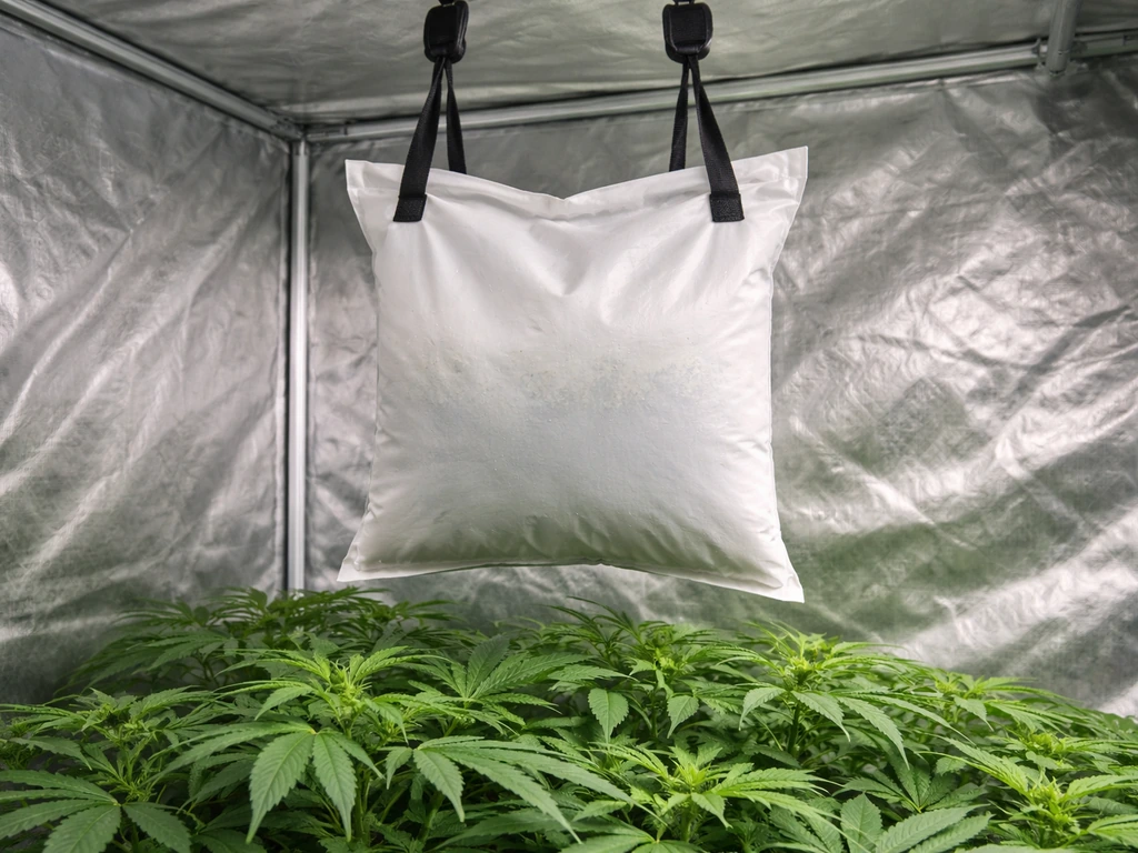 Close-up of a CO2 grow bag hanging in a 4x4 tent above the plant canopy.