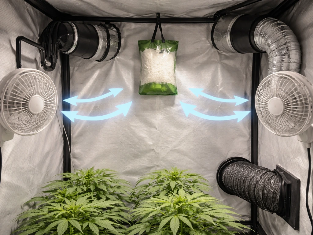 Grow tent interior showing oscillating fans and balanced exhaust/return ducts near a hanging CO2 bag.