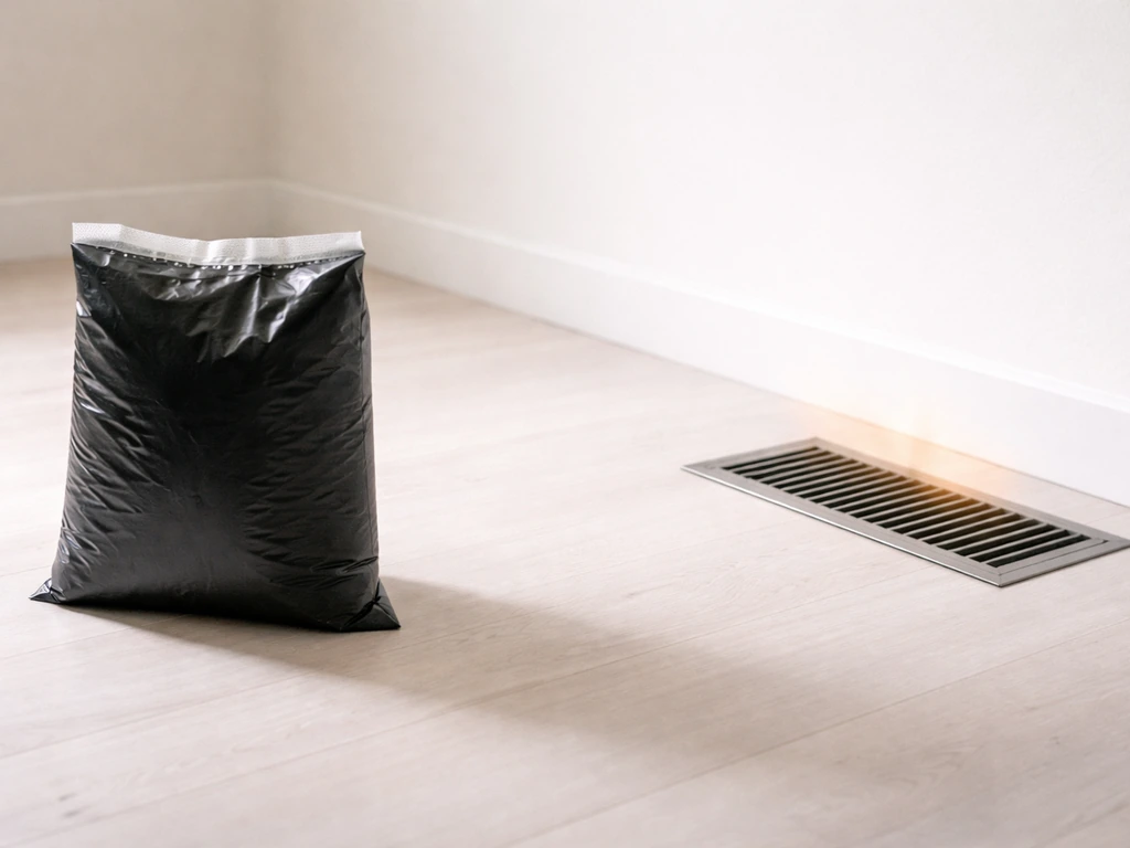 CO2 grow bag positioned safely away from a heater duct, emphasizing spacing from heat and humidity sources.