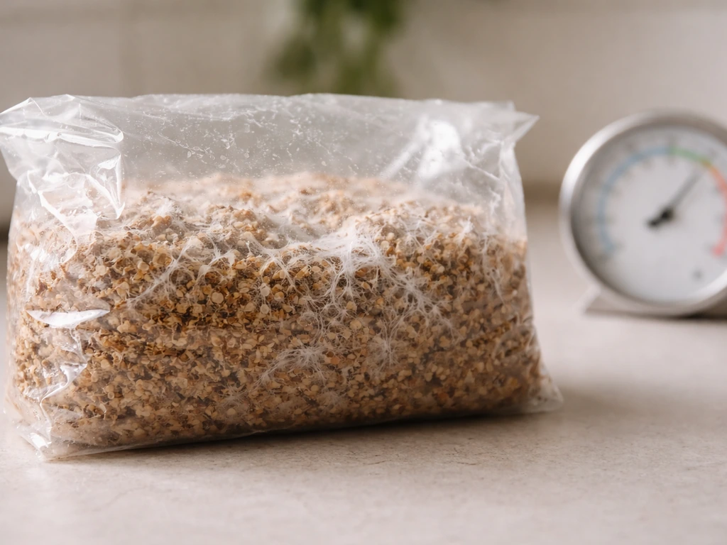 Clear bag of substrate with faint mycelium on a countertop, next to a humidity gauge.