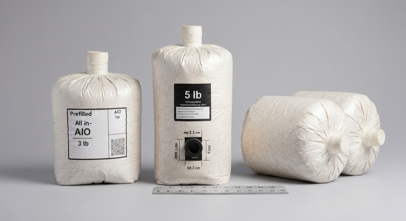 Three autoclavable polypropylene mushroom grow bags (3 lb AIO, 5 lb, 10 lb) showing filter patches and a self-healing injection port, with a ruler for scale.