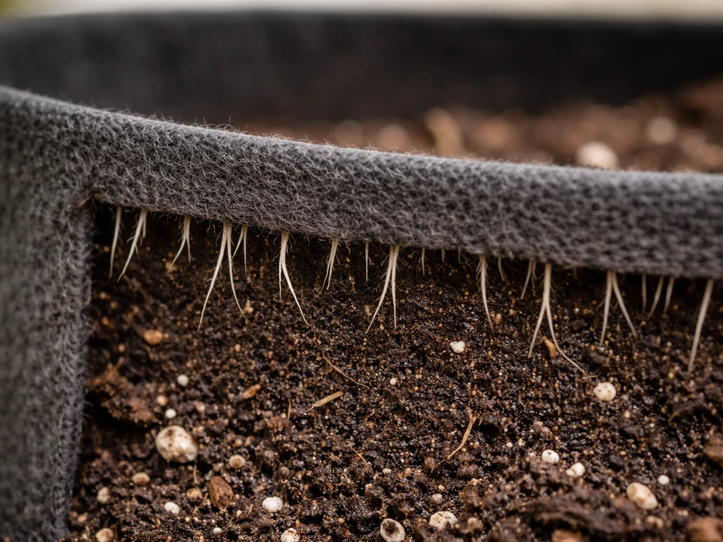 Close-up of fabric grow bag wall with root tips air-pruned at the perimeter, showing airflow to roots.