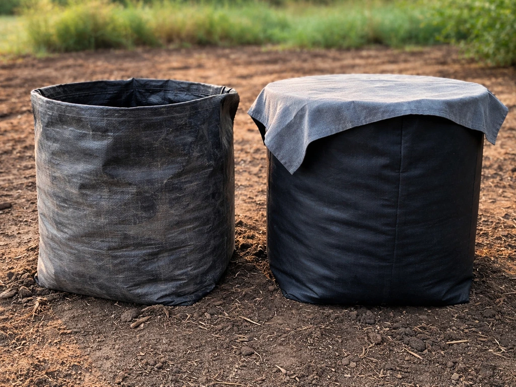 Two polypropylene grow bags side by side: one sun-faded and brittle-looking, one intact and neatly covered.