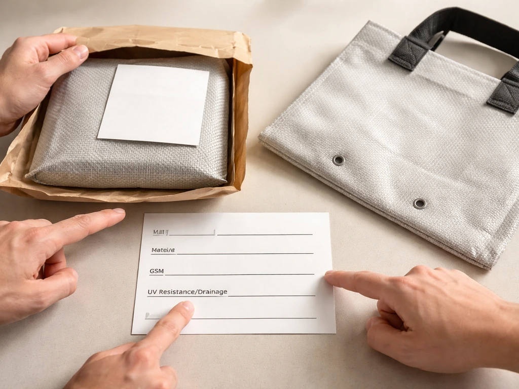 Hands pointing to blank checklist areas on product packaging and a reusable bag texture.