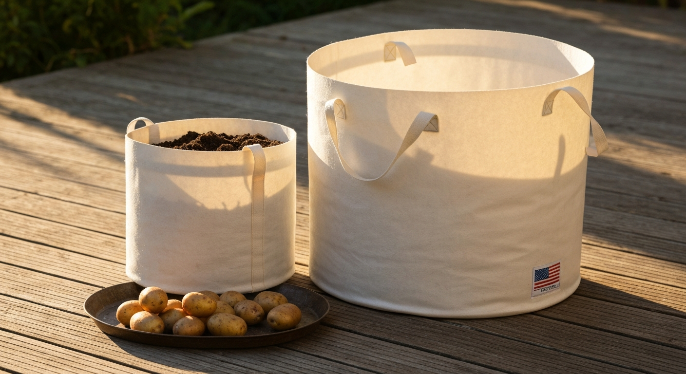 Two fabric potato grow bags (standard and jumbo) on a sunlit patio: folded cuff, visible soil and harvested potatoes, and close-up view of reinforced nylon handles.