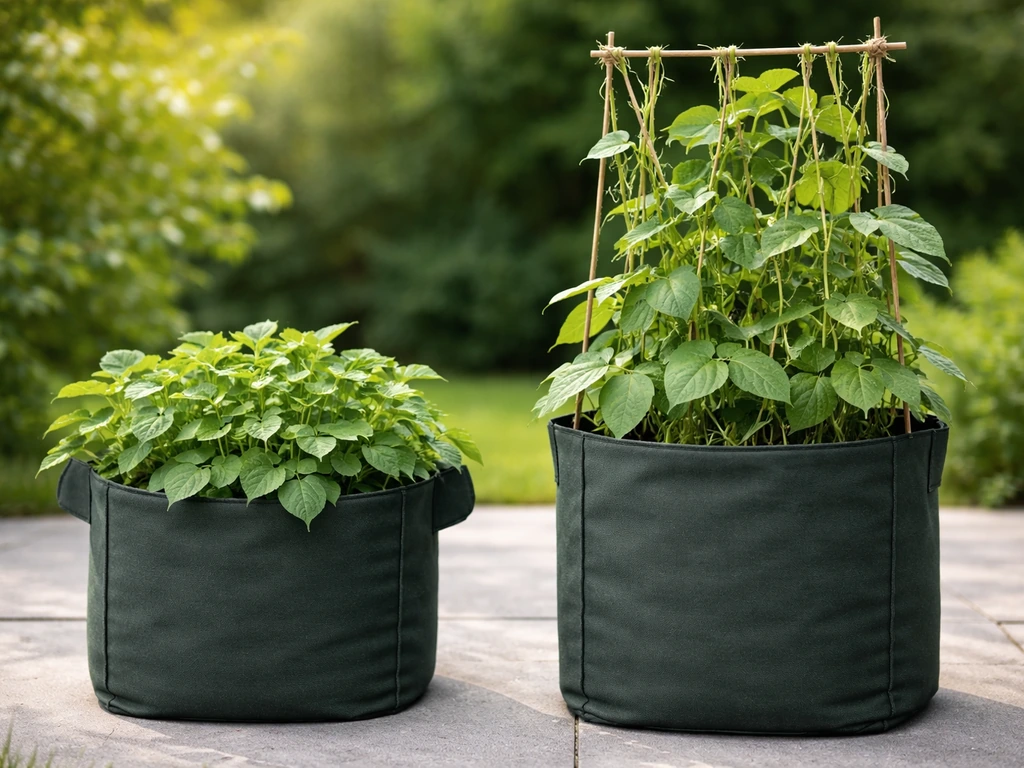 Bush beans in a smaller grow bag beside pole beans in a larger/deeper grow bag