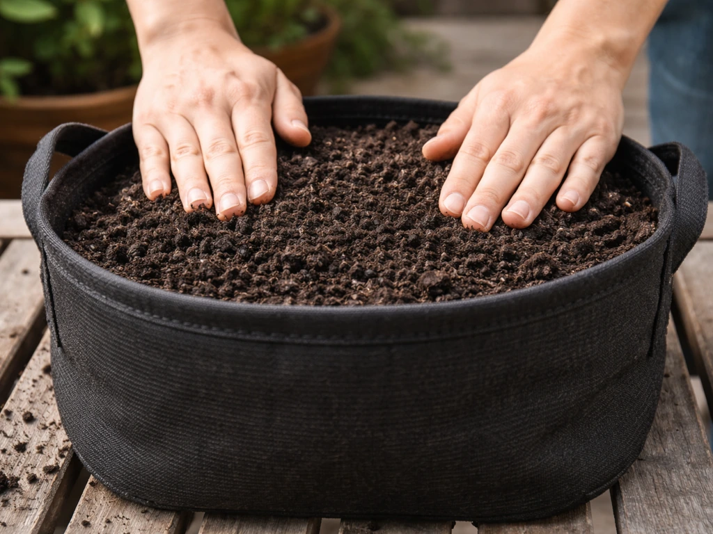 Hands leveling compost in a fabric grow bag to the correct fill height before sowing beans.