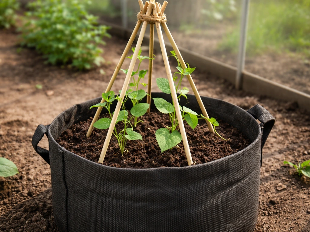 Bamboo cane wigwam trellis standing in a large fabric grow bag with climbing runner beans seedlings