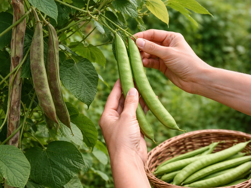 Close-up of hands harvesting runner bean pods at the right length into a small basket.